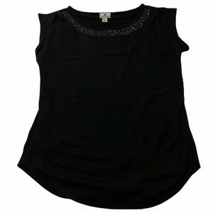 Beaded Neckline Black Cap Sleeve Top